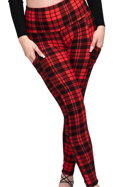 Red Plaid Pattern Women's High Waist Pocketed Leggings, Checkered