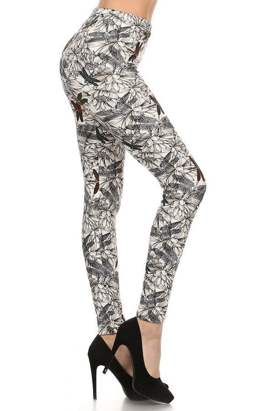 Dragonfly Print Full Length Slim Fit Leggings with High Elastic Waist