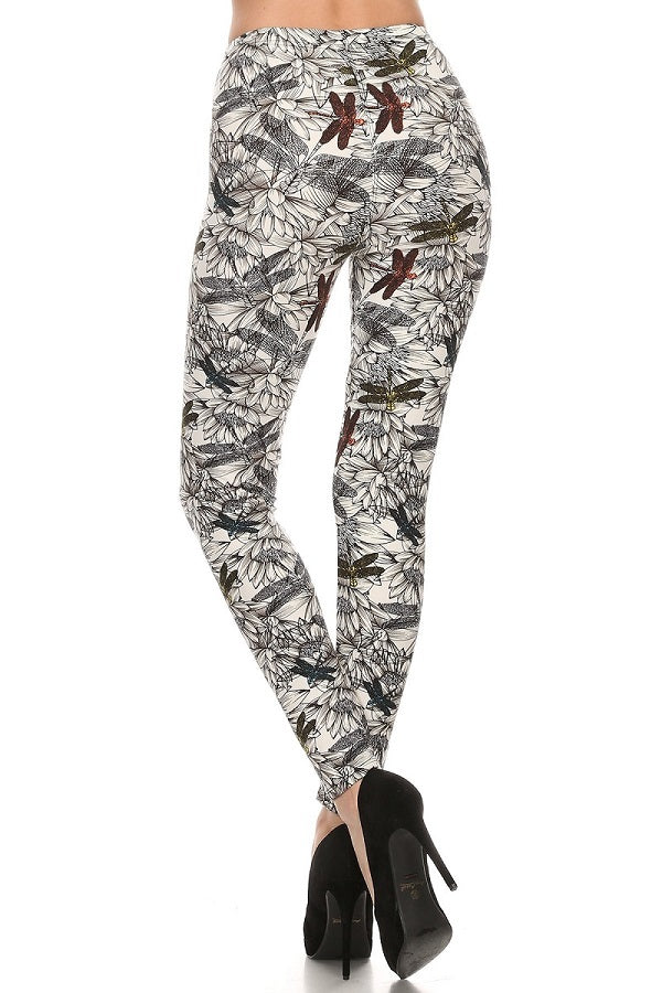 Dragonfly Print Full Length Slim Fit Leggings with High Elastic Waist