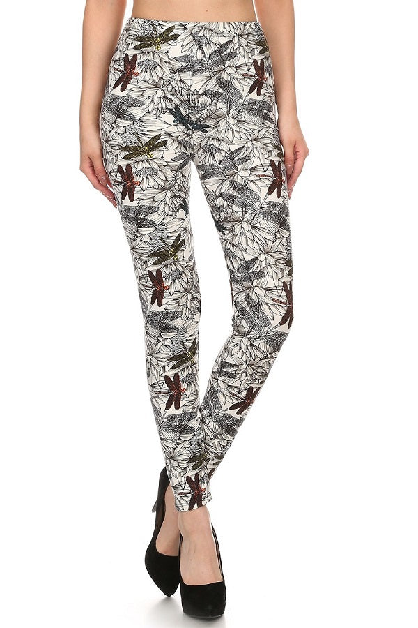Dragonfly Print Full Length Slim Fit Leggings with High Elastic Waist