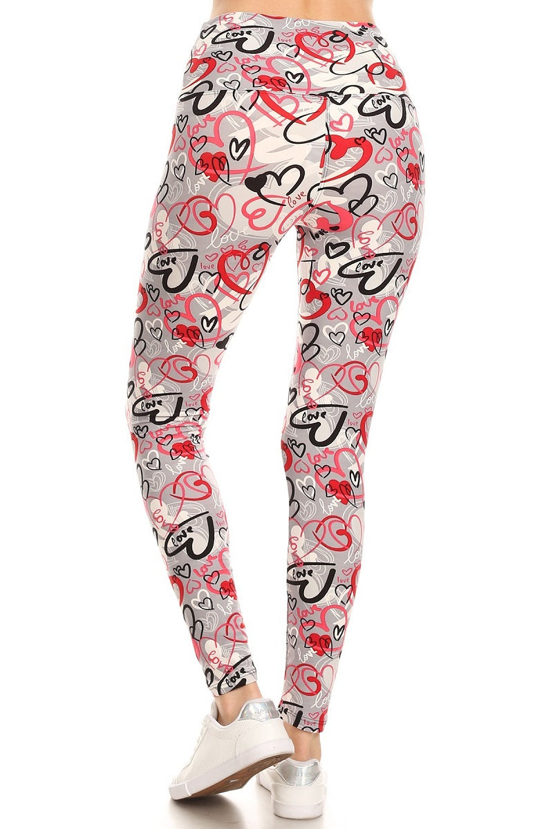 Hearts Printed Knit Legging with High Waist