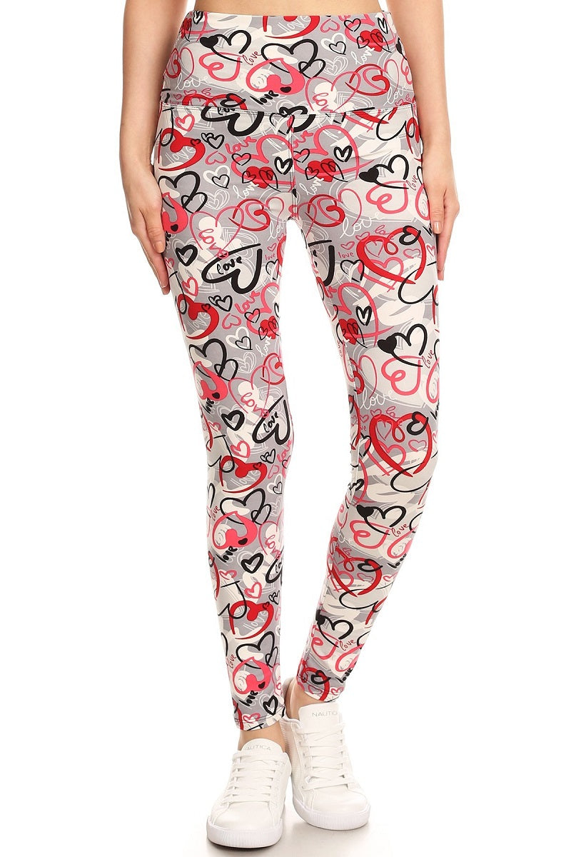 Hearts Printed Knit Legging with High Waist