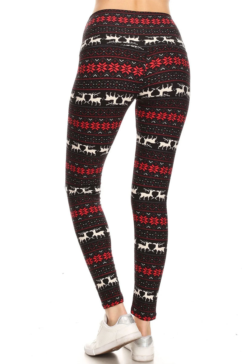 Black Red Reindeer Snowflake Print High Waisted Leggings for Women