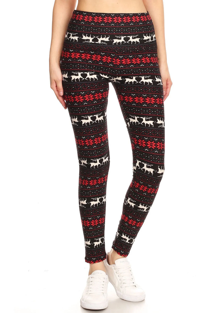Black Red Reindeer Snowflake Print High Waisted Leggings for Women