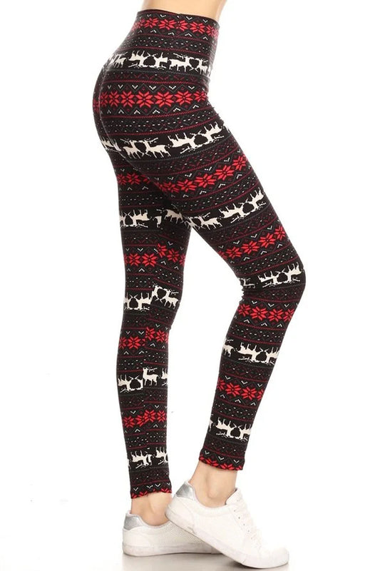 Black Red Reindeer Snowflake Print High Waisted Leggings for Women
