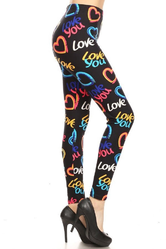 Love You and Heart Printed Knit Legging with an Elastic Waist