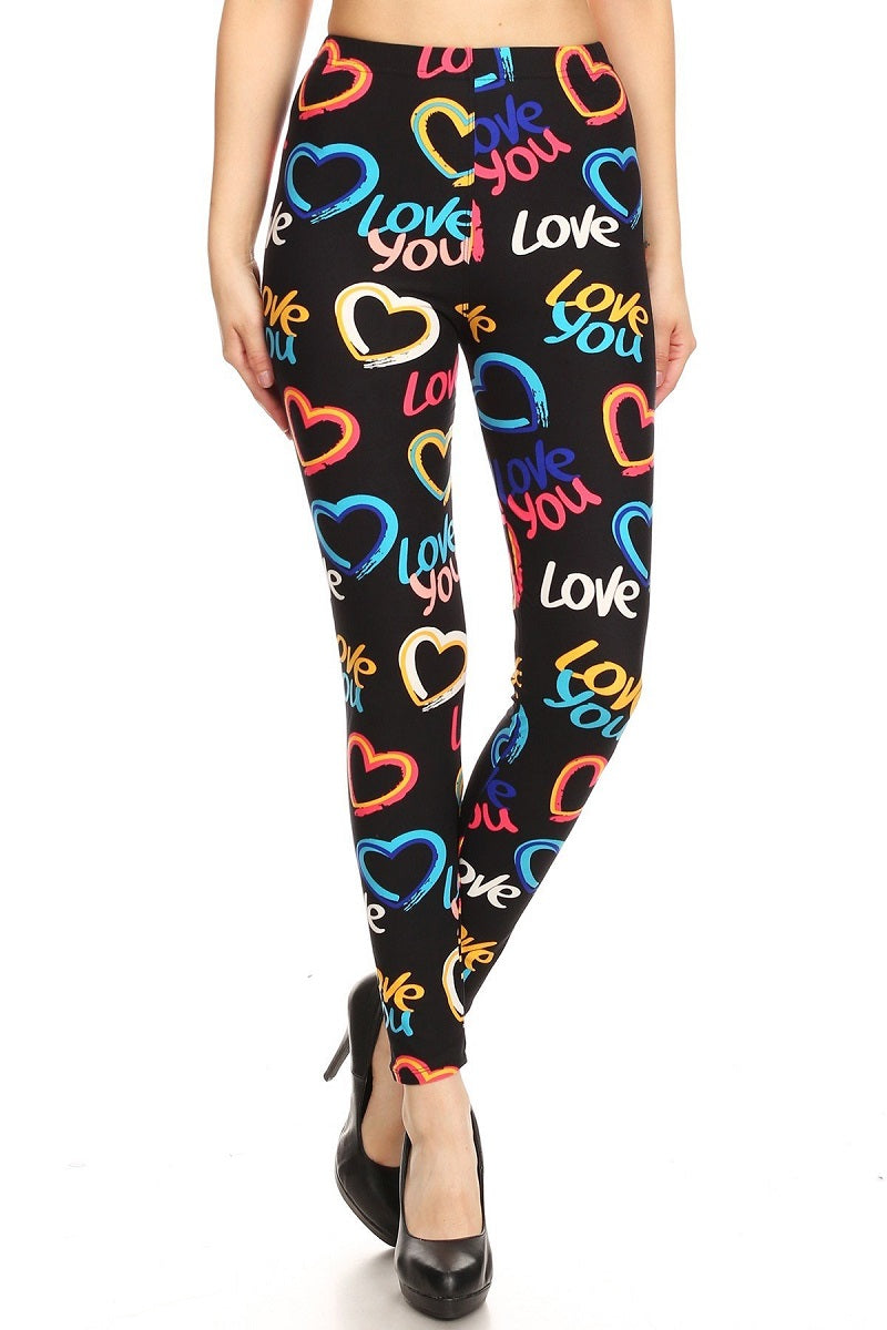 Love You and Heart Printed Knit Legging with an Elastic Waist