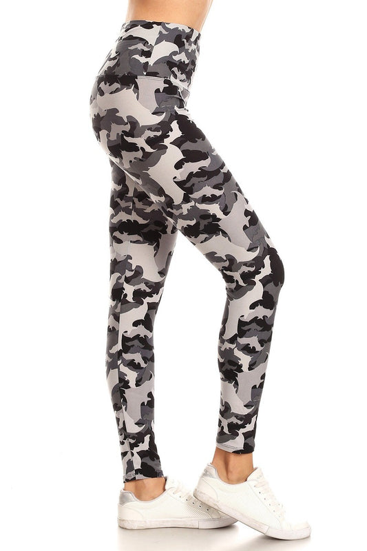 Leggings - Yoga Style Camo/Bat Grey Print Legging with 5 inch Long High Waist