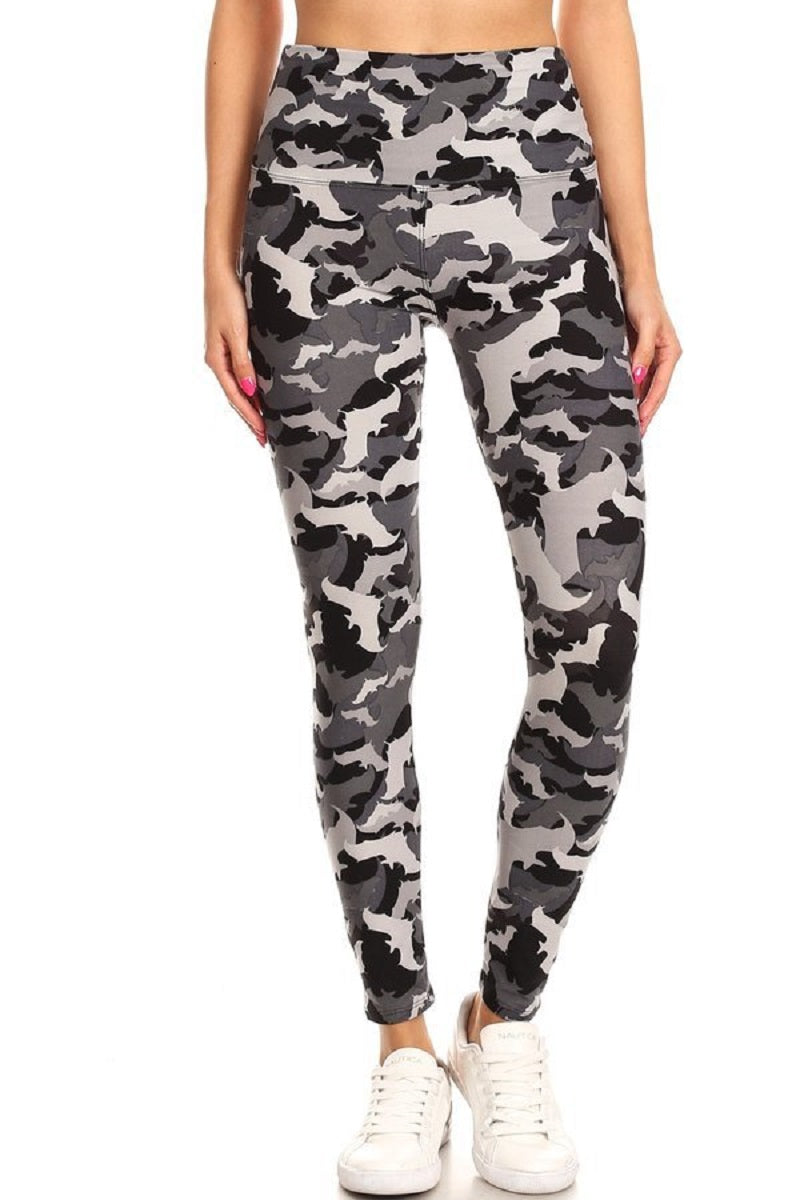 Leggings - Yoga Style Camo/Bat Grey Print Legging with 5 inch Long High Waist