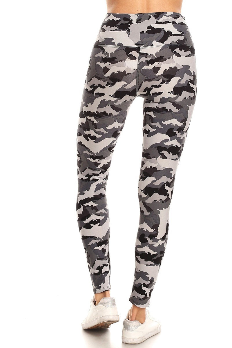 Leggings - Yoga Style Camo/Bat Grey Print Legging with 5 inch Long High Waist