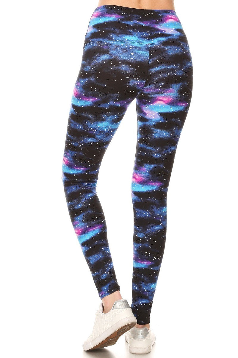 Leggings - Yoga Style Galaxy Blue Print Legging with 5 inch Long High Waist