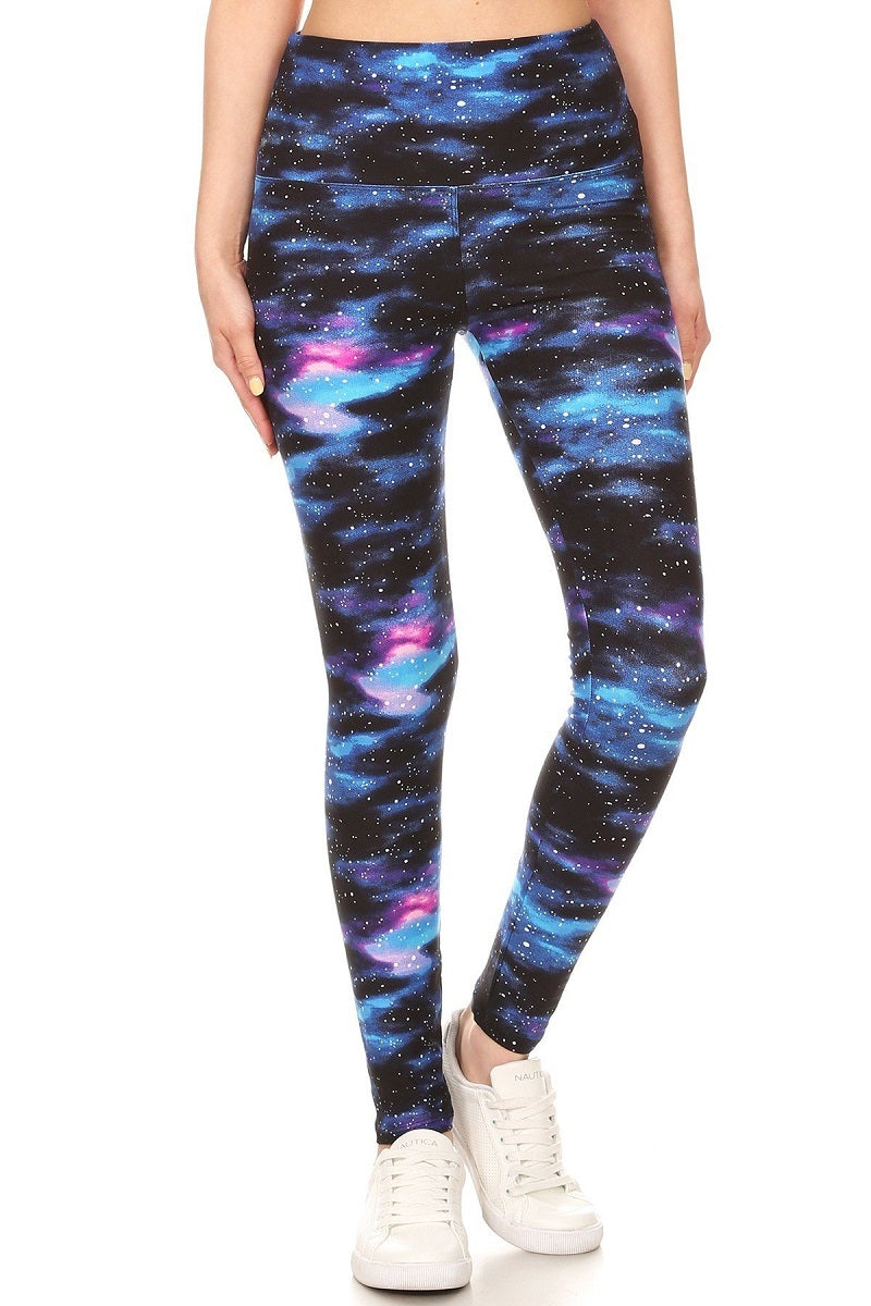 Leggings - Yoga Style Galaxy Blue Print Legging with 5 inch Long High Waist