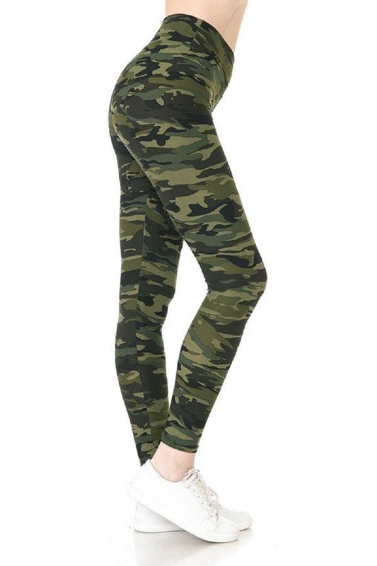 Leggings - Yoga Style Camo Olive Green Print Legging with 5 inch Long High Waist