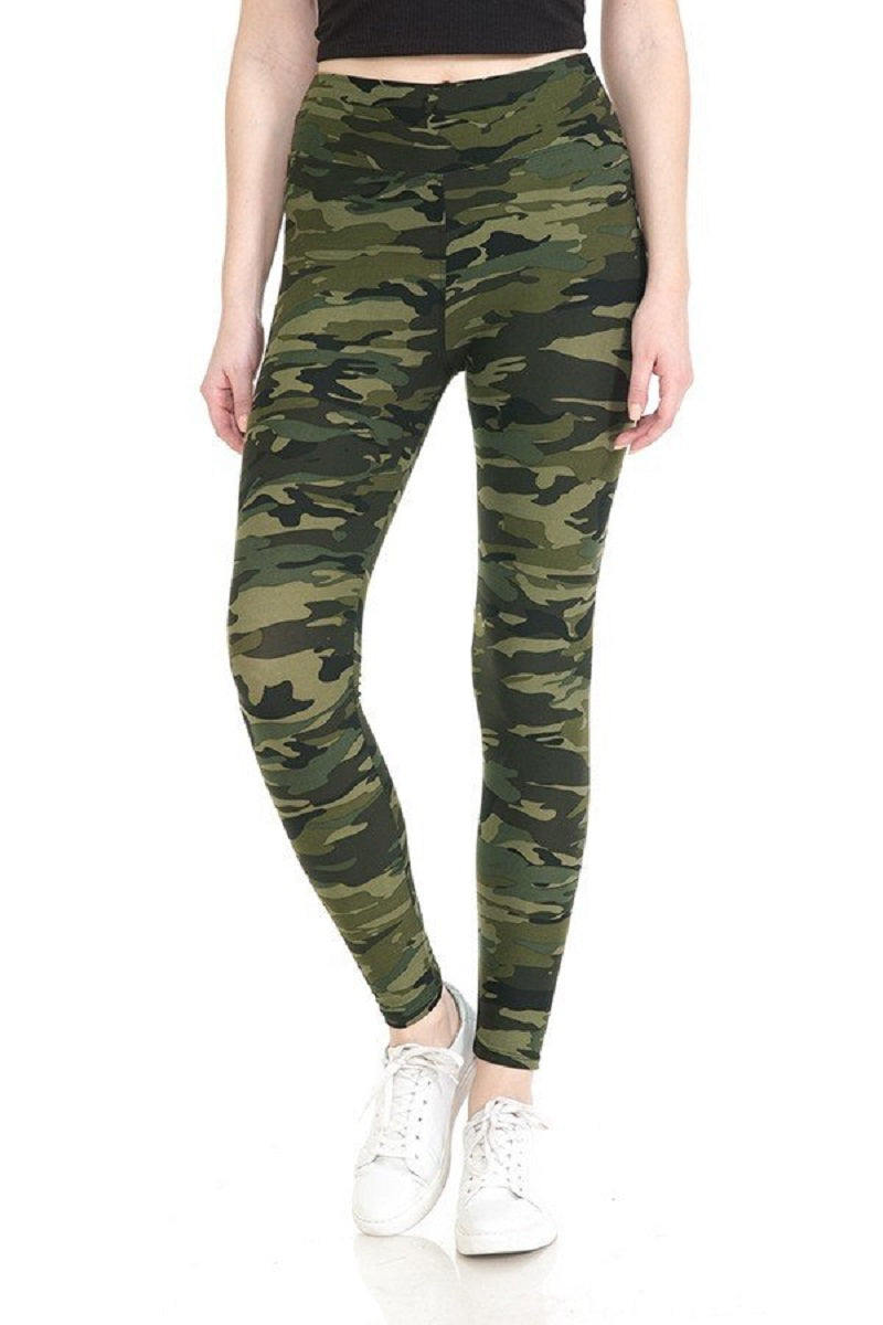 Leggings - Yoga Style Camo Olive Green Print Legging with 5 inch Long High Waist