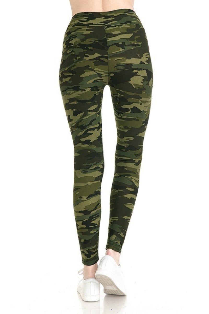 Leggings - Yoga Style Camo Olive Green Print Legging with 5 inch Long High Waist